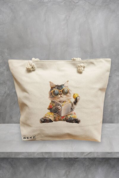 BEKZ Τσάντα Θαλάσσης, μοντέλο Reading cat 4, 40x51 cm, Κρεμ, BEKZ®