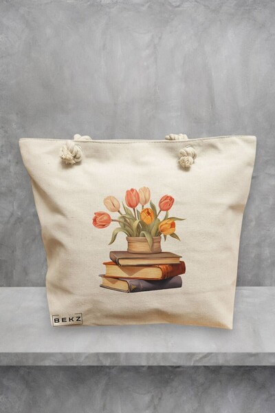BEKZ Beach Tote Bag, Books and flowers 13 model, 40x51 cm, Cream, BEKZ®