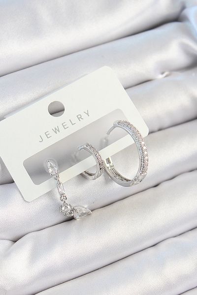 SeyCey.co Brass Zircon Stone Dangle Model Silver Color 3-Piece Double Women's Earring Set