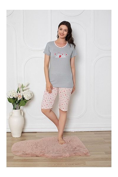 berfin Pijamale Femei - Set Bluza cu Maneca Scurta si Pantalon Scurt, Gri deschis, S