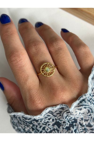ringbox Steel Tarnish-Free Water Green Stone Circle Inside Sun Ring