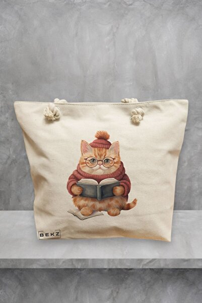 BEKZ Τσάντα Θαλάσσης, μοντέλο Reading cat 1, 40x51 cm, Κρεμ, BEKZ®