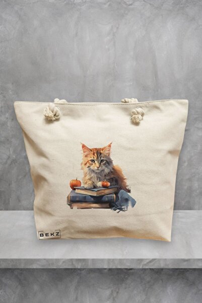 BEKZ Τσάντα Θαλάσσης, μοντέλο Reading cat 3, 40x51 cm, Κρεμ, BEKZ®