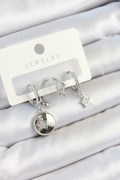 SeyCey.co Brass Zircon Stone Dangle Star Model Silver Color 3-Piece Double Women's Earring Set