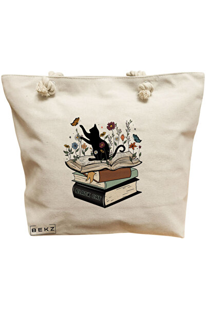 BEKZ Beach Tote Bag, Black Cat and Books model, 40x51 cm, Cream, BEKZ®