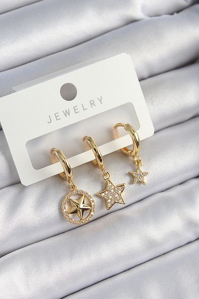 SeyCey.co Brass Zircon Stone Star Model Gold Color 3-Piece Double Women's Earring Set