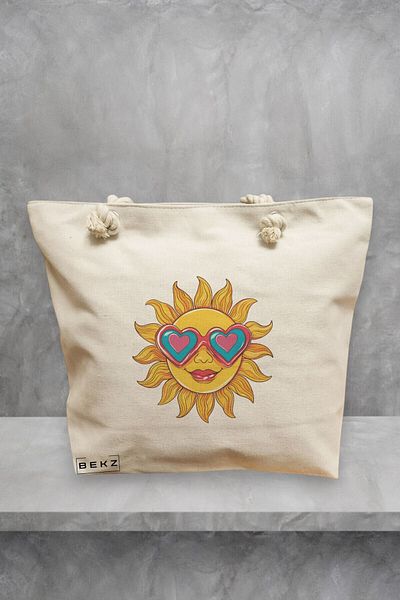 BEKZ Beach Tote Bag, model Sun faces 8, 40x51 cm, Cream, BEKZ®