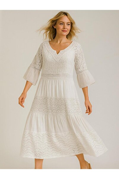 Butik İtalyan İpek Detaylı Dantel Elbise - BEYAZ