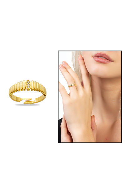 Tesbihane Beyaz Zirkon Taşlı Merdiven Tasarım Altın Rengi Ayarlanabilir Ölçü 925 Ayar Gümüş Kadın Yüzük