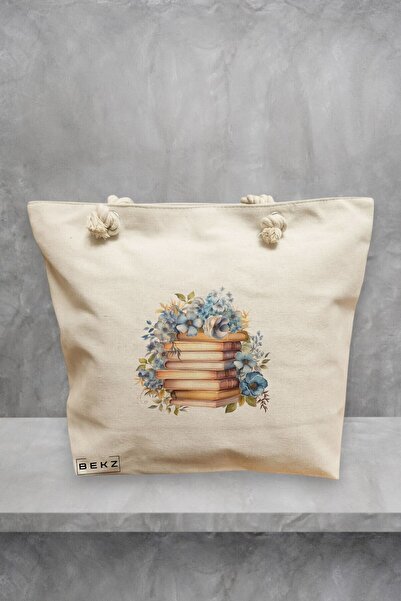 BEKZ Beach Tote Bag, Books and flowers 16 model, 40x51 cm, Cream, BEKZ®