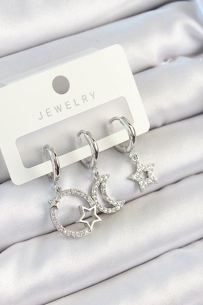 SeyCey.co Brass Zircon Stone Moon and Star Model Silver Color 3-Piece Double Women's Earring Set