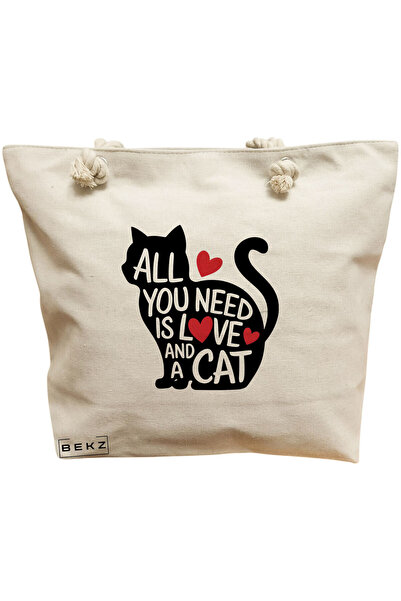 BEKZ Τσάντα Θαλάσσης, μοντέλο All you need is love and a Cat, 40x51 εκ., Κρεμ...