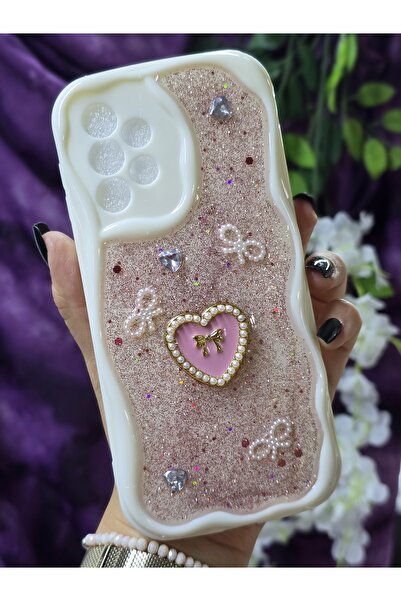 Magic Ring Samsung Galaxy A33 Uyumlu Kalpli Pembe Simli İnci ve Kurdele Detay...