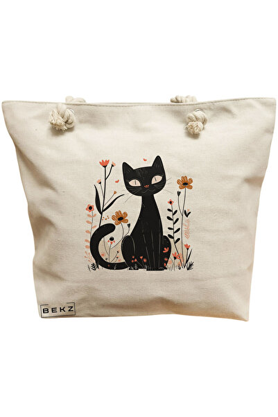 BEKZ Τσάντα Θαλάσσης, Γάτα και Λουλούδια μοντέλο 10, 40x51 εκ., Κρεμ, BEKZ®