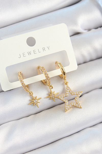 SeyCey.co Brass Zircon Stone Star Model Gold Color 3-Piece Double Women's Earring Set