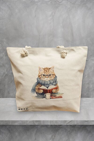 BEKZ Τσάντα θαλάσσης Tote, μοντέλο Reading cat 2, 40x51 cm, κρεμ, BEKZ®