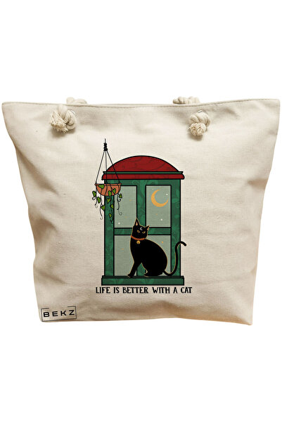 BEKZ Beach Tote Bag, Life is Better With a Cat pattern, 40x51 cm, Cream, BEKZ®