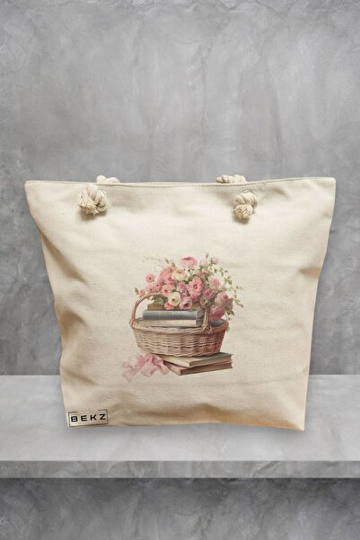 BEKZ Beach Tote Bag, Books and flowers 3 model, 40x51 cm, Cream, BEKZ®