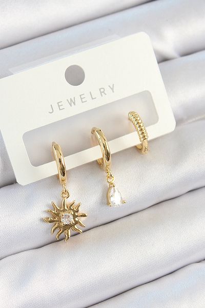 SeyCey.co Brass Zircon Stone Sun Model Gold Color 3-Piece Double Women's Earring Set