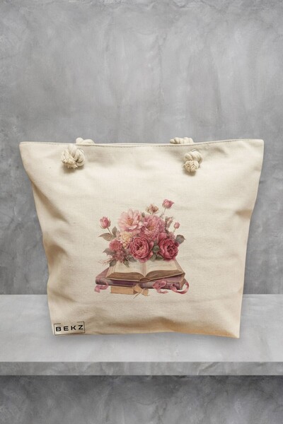 BEKZ Beach Tote Bag, Books and flowers model, 40x51 cm, Cream, BEKZ®