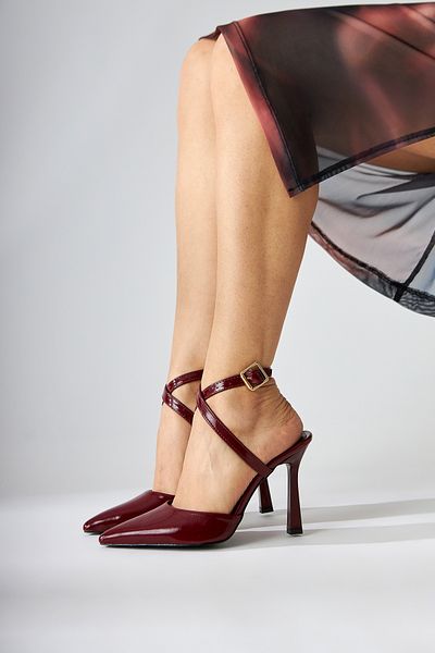 Limoya Elsi Burgundy Patent Leather Ankle Strap Women's Heeled Shoes