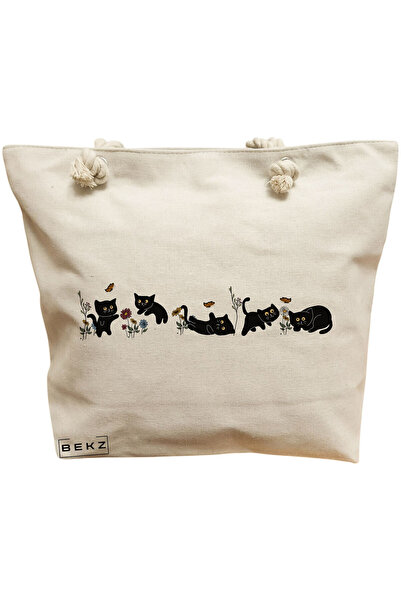 BEKZ Τσάντα Θαλάσσης, Γάτα και Λουλούδια μοντέλο 13, 40x51 εκ., Κρεμ, BEKZ®