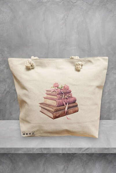 BEKZ Beach Tote Bag, Books and flowers 6 model, 40x51 cm, Cream, BEKZ®