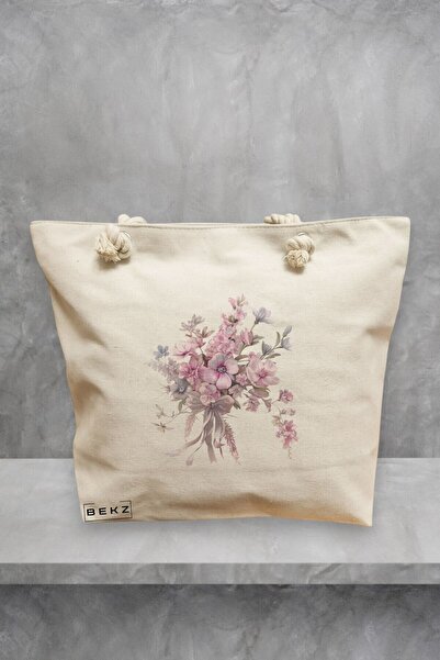 BEKZ Τσάντα Θαλάσσης, μοντέλο Flowers 4, 40x51 εκ., Κρεμ, BEKZ®
