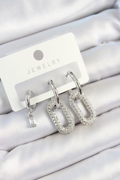 SeyCey.co Brass Zircon Stone Rectangular Model Silver Color 3-Piece Double Women's Earring Set