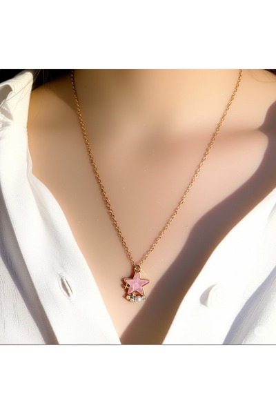Esra Butik Hane Gold Color Pink Star Pearl Stone Elegant Necklace - Sparkling Gift Jewelry