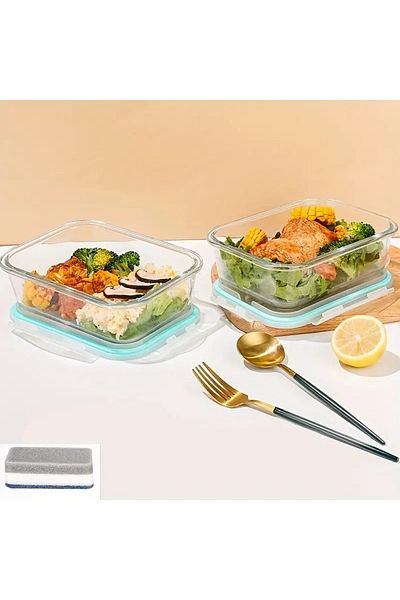CİHO 2 Pieces 1040 ml Glass Ziplock Vacuum Rectangular Airtight Storage Container with Lid