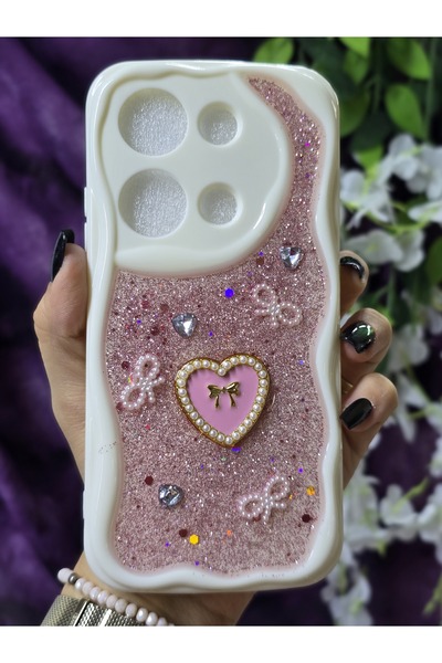 Magic Ring Redmi Note 13 Pro 4g Uyumlu Kalpli Pembe Simli İnci ve Kurdele Det...