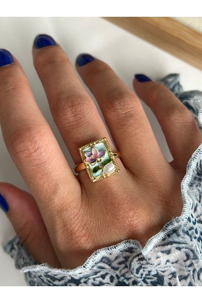 ringbox Steel Tarnish-Free Enamel Pearl Flower Ring