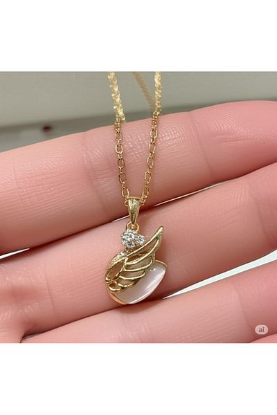 Esra Butik Hane Gold Angel Wing and Moonstone Design Necklace – Jewelry Where Elegance and Meaning Meet