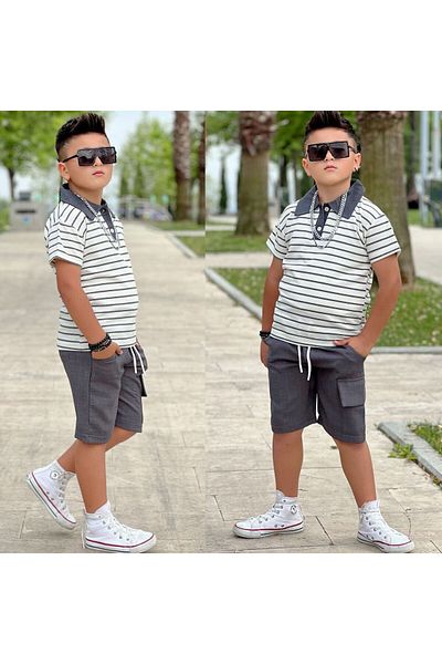 Modaayaz Polo collar striped patterned boy's gray bottom-top set
