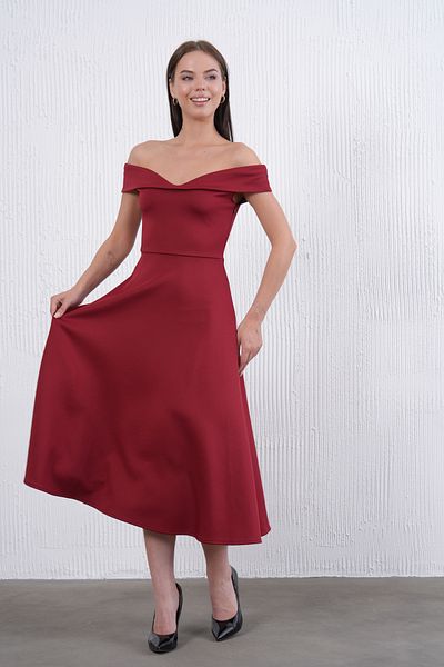 WOMAN VISION Women's Strapless Kiss Neckline Stretchy Diver Fabric Midi Length Flared Cutout Burgundy Dress 77128