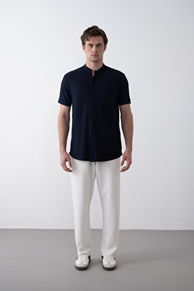 İLKCET MODA Чоловіча сорочка темно-синя з коміром-стійкою та еластичною вставкою