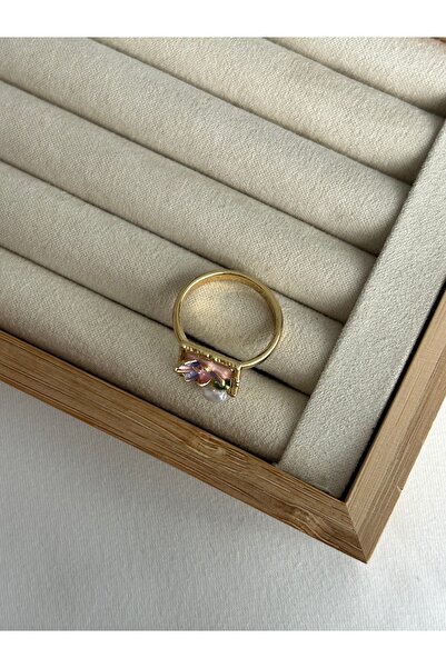 ringbox Steel Tarnish-Free Pink Enamel Pearl Flower Ring