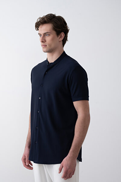 İLKCET MODA Чоловіча сорочка темно-синя з коміром-стійкою та еластичною вставкою