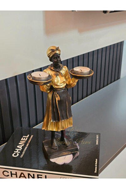 LH Lavinya Home Dekoratif Biblo Tepsili Kadın Şamdan | Gold Siyah 13x30 cm