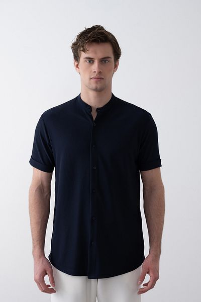 İLKCET MODA Ανδρικό πουκάμισο με γιακά Navy Blue Judge Lycra