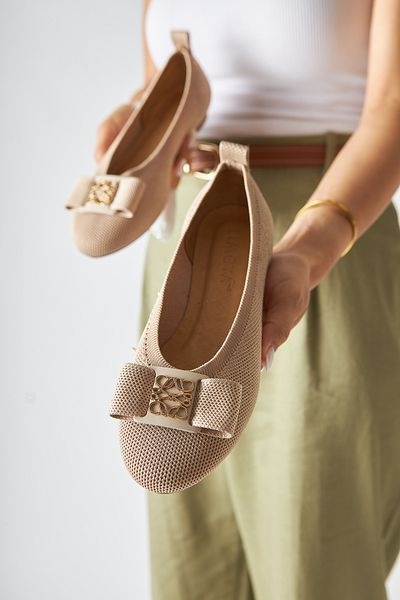 Limoya Bloop Beige Bow Women's Ballerina Comfortable Daily Shoes