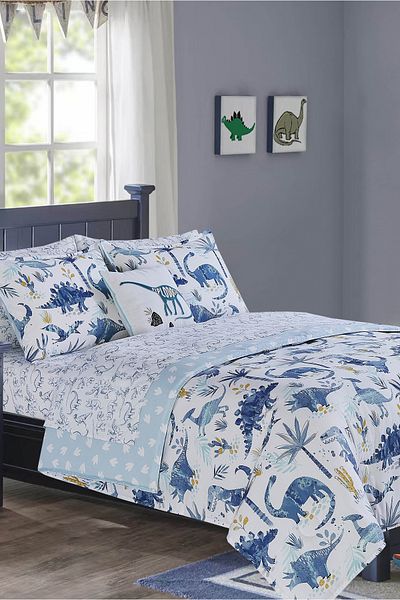 Bee Home Bed and Bath Juvi Dinosaur Park | 6 Pieces Twin Comforter Set - 218 X 167 Cm - Blue Dinosaurs