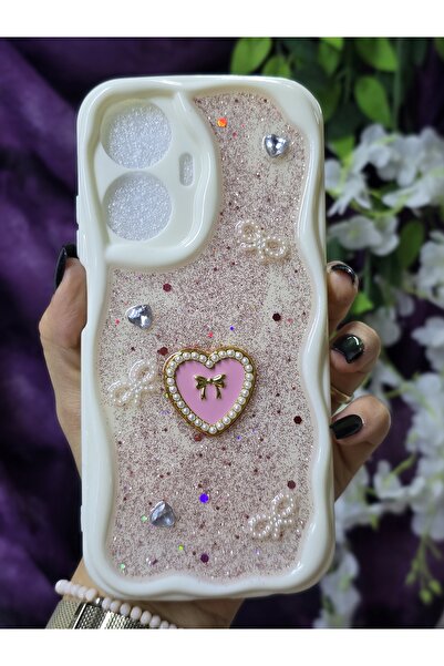 Magic Ring Realme C55 Uyumlu Kalpli Pembe Simli İnci ve Kurdele Detaylı Şık T...