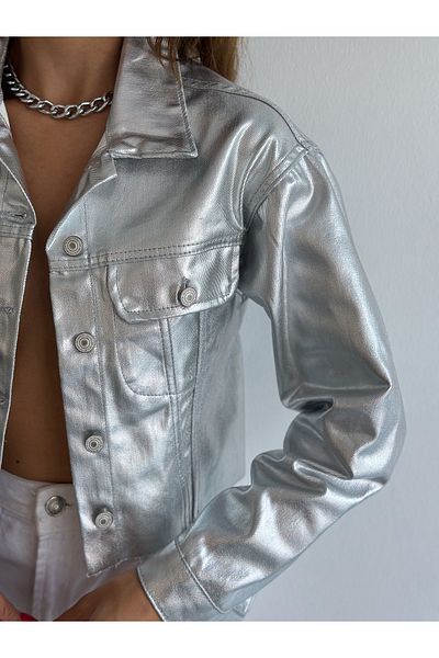 efstyle Metallic Shiny Printed Si̇lver-Gold Crop Short Denim Jeans Jacket