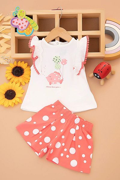 VEGAMOD Baby Girl Summer Balloon Printed Lace Detail Zero Sleeve Shorts 6-9-12-18-24 Months Set