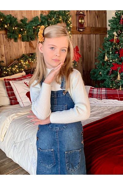 Marka Sensin Kids Girls' Jeans Salopet Half Turtleneck White Sweater Jeans Hat 4-Piece Set