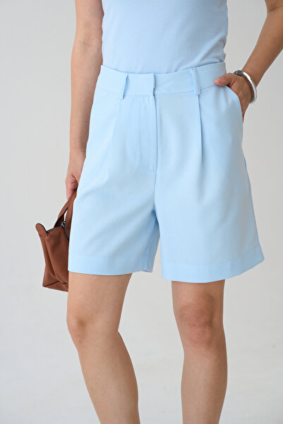 LOOSH Kadın Mavi Yüksek Bel Cep Detaylı Bermuda Şort