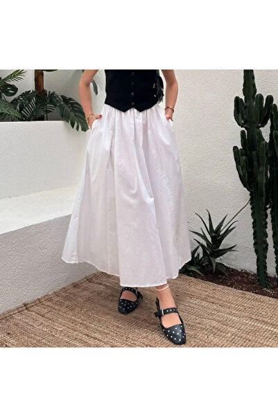 BZ BUTİK Long Skirt with Linen White Pockets