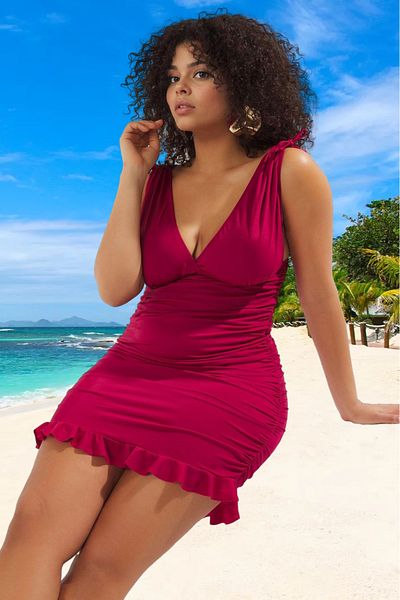 PayBuy Comfortable Deep V-Neck Gathered Relaxed Fit Plus Size Swimsuit Full Support Confident Style